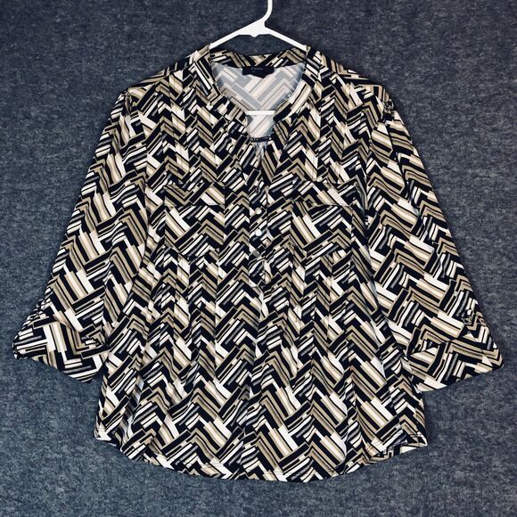 Cocomo Pintuck Top Womens PL V Neck Popover Knit 3/4 Roll Tab SLV Zig-Zag Print - Picture 1 of 11